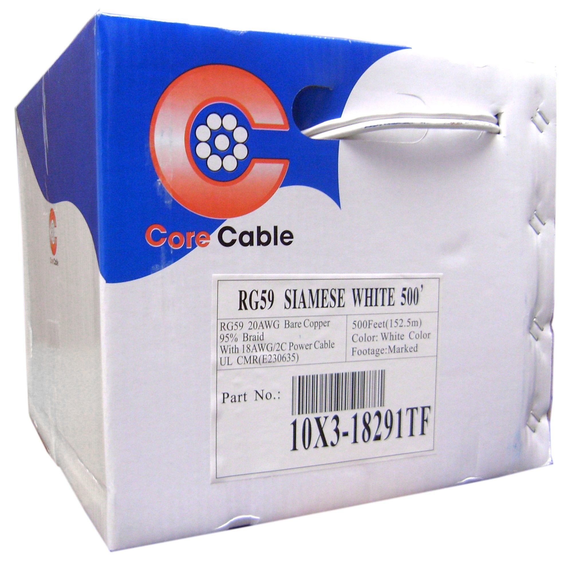CableWholesale Bulk RG59 Siamese Cable, CCTV Video Coaxial + 18/2 Power Cable, 20AWG Solid Copper Coax, CMR, Bonded White Jacket, Pullbox, 500 feet