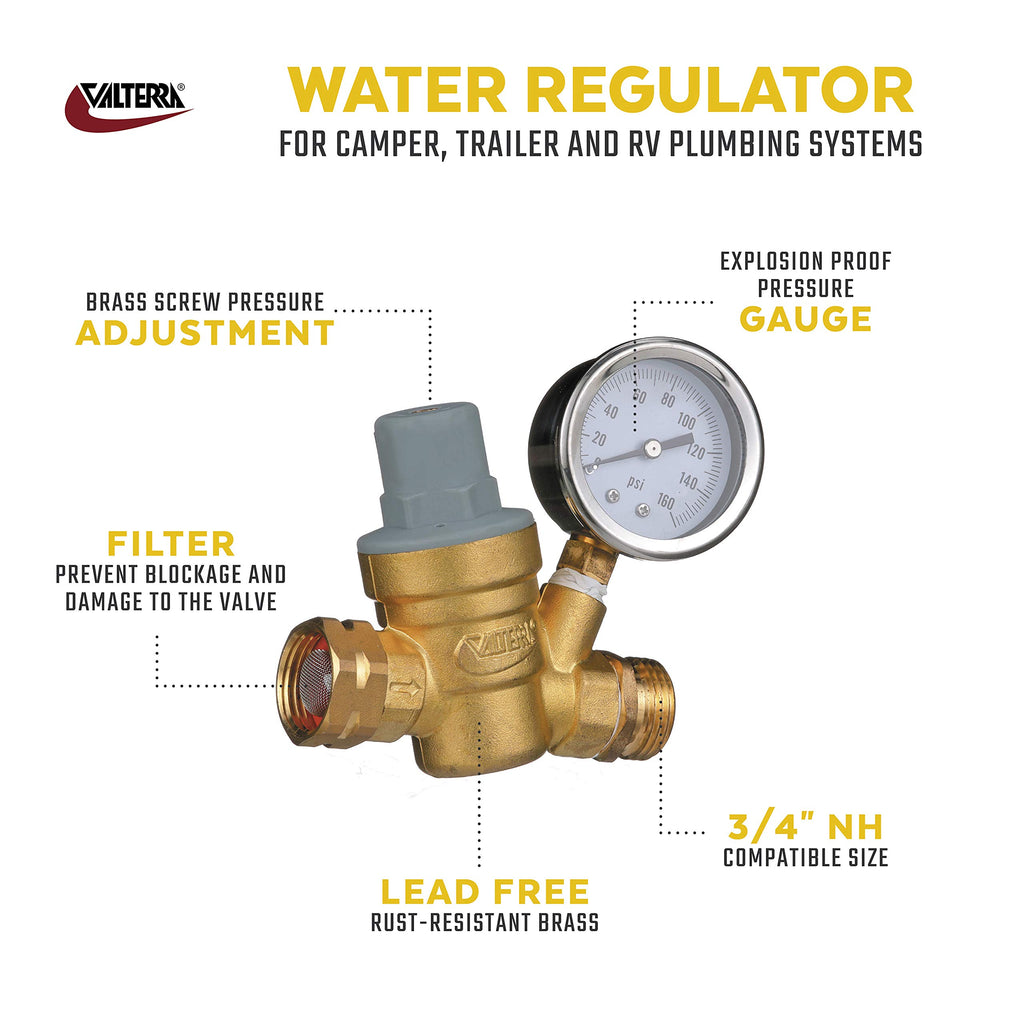 Valterra RV Water Regulator, Lead-Free Brass Adjustable Water Regulator with Pressure Gauge for Camper, Trailer, RV Plumbing System