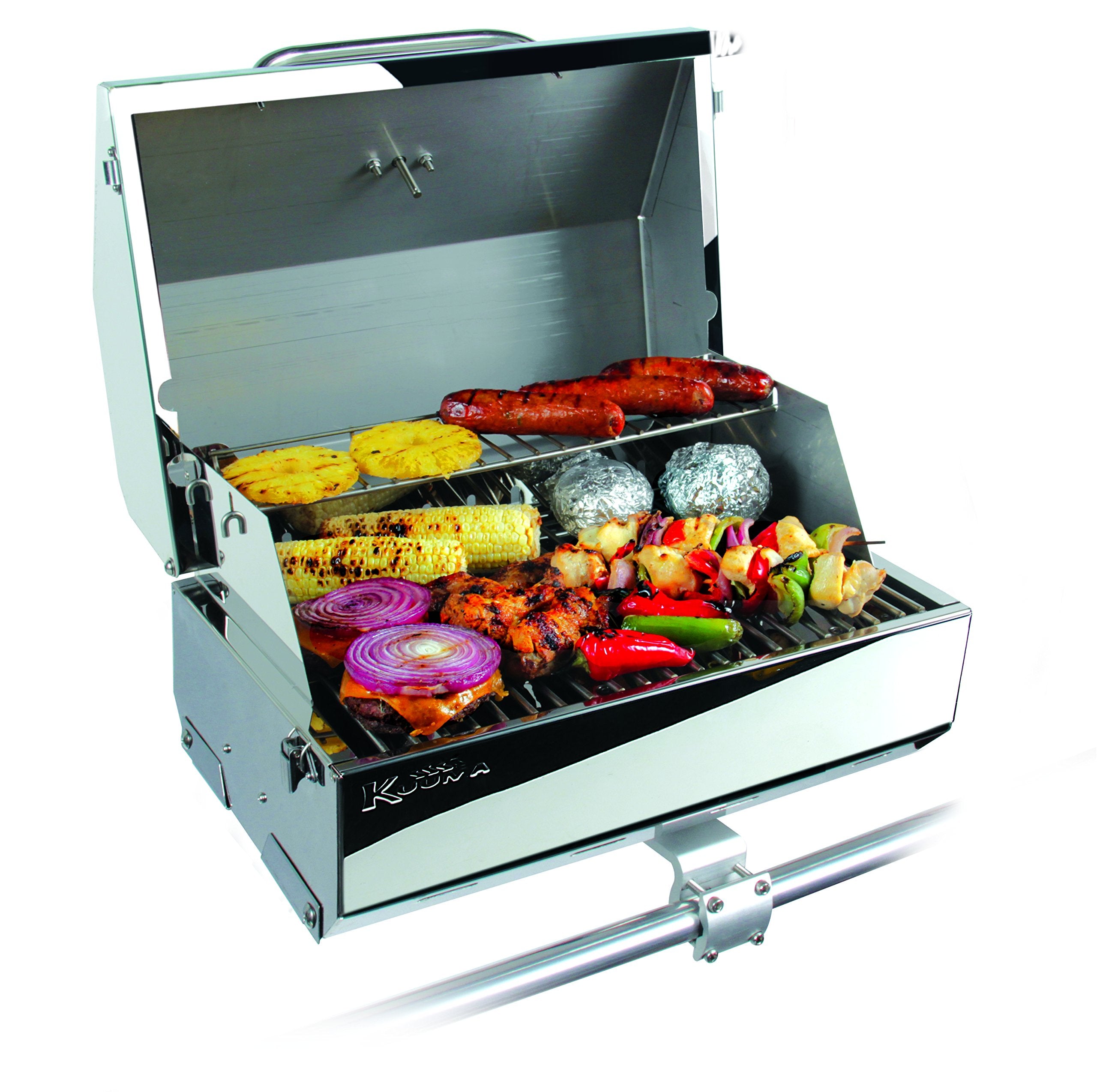 Camco Kuuma Stow N’Go 216 Elite Propane Grill | Features Built-In Thermometer & Push-Button Igniter | Includes Fold Away Legs & Removable Warming Rack | Use as Camping Stove and More (58155)