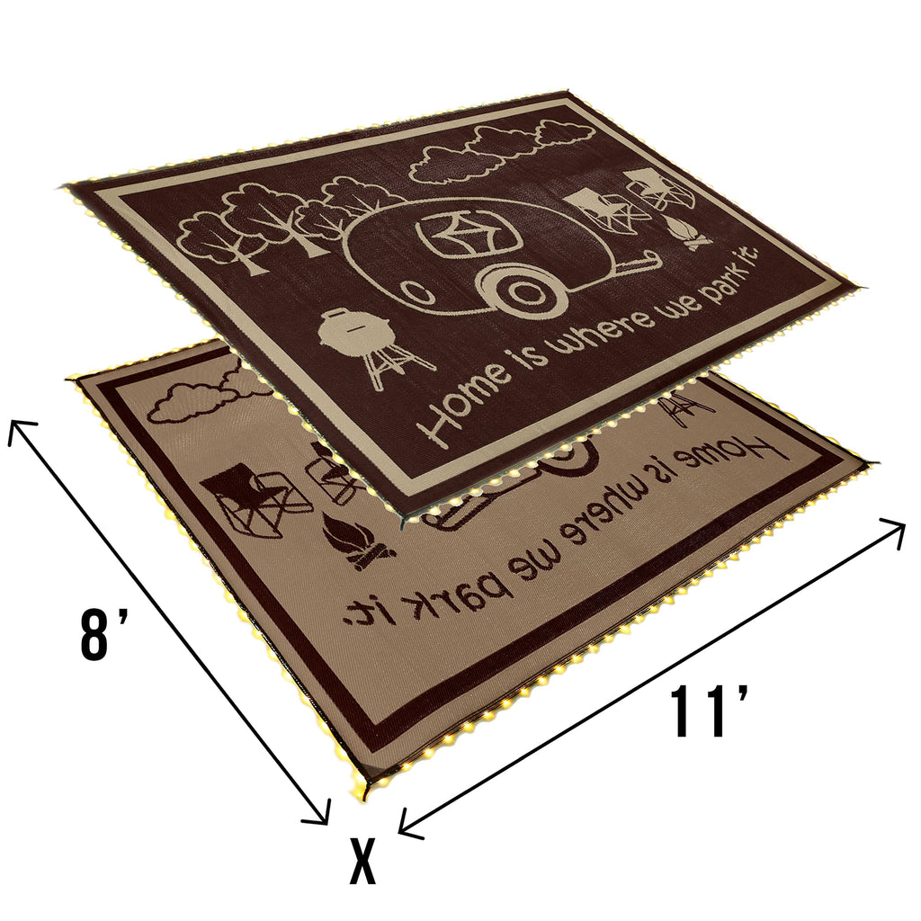 Stylish Camping LED Illuminated Patio Mat - Reversible RV Home Mat, Brown/Beige with LEDs Light, 8x11