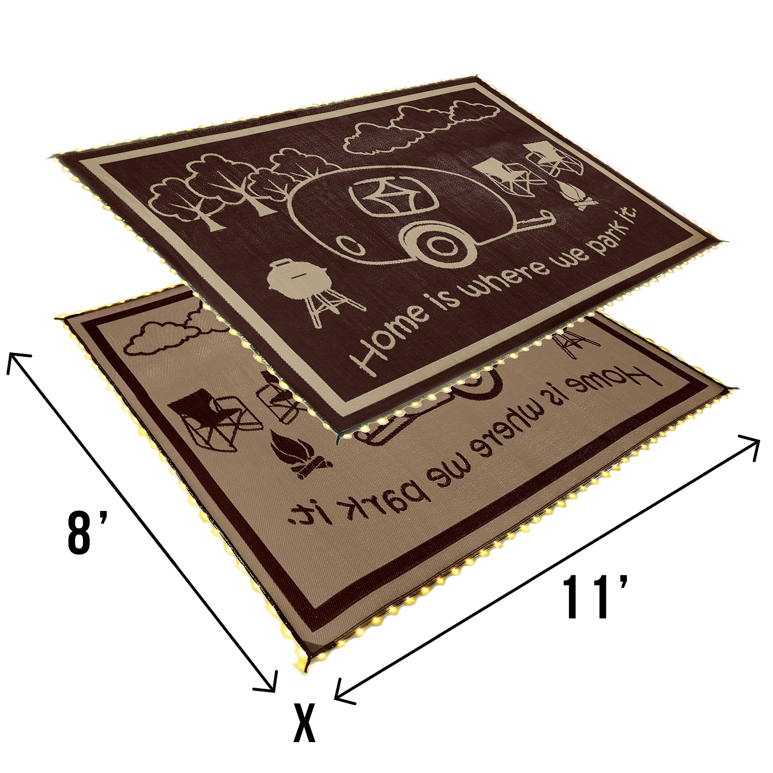 Stylish Camping LED Illuminated Patio Mat - Reversible RV Home Mat, Brown/Beige with LEDs Light, 8x11